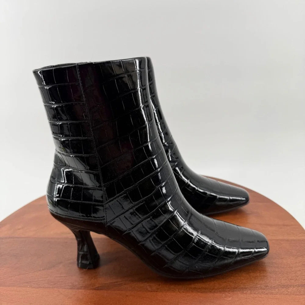 Anne Klein Pablo Black Croc Embossed Square Toe Kitten Heel Ankle‎ Booties 7.5M